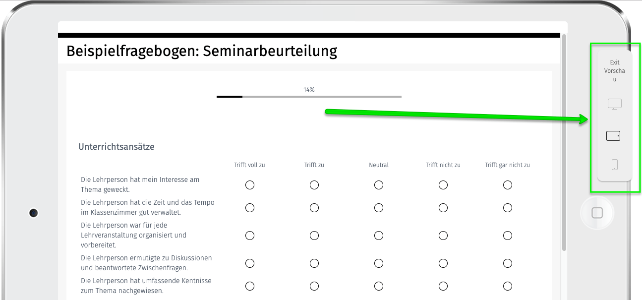 Vorschau des Fragebogen Designs im Fragebogen Editor